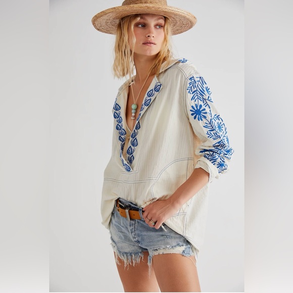 Free People Tops - Free People Cream and Blue Embroidered Top